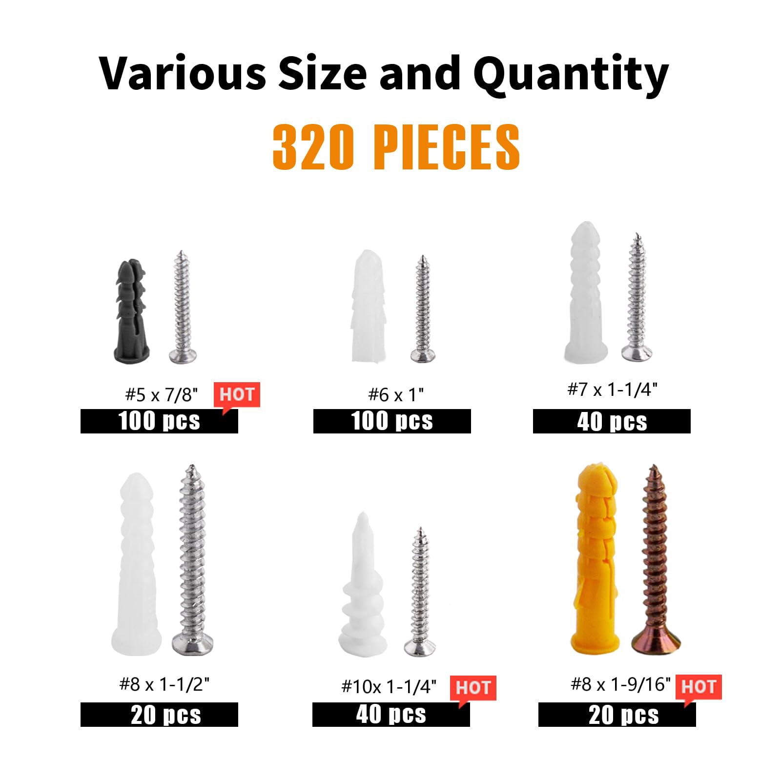 352pcs Self-Drilling Drywall Anchors and Screws Kit, 9 Different Assorted Size, Include Nylon Plastic Wall Anchors,Galvanized Steel Anchors, Screws, Hollow Door Anchors, Holds Up to 75lbs