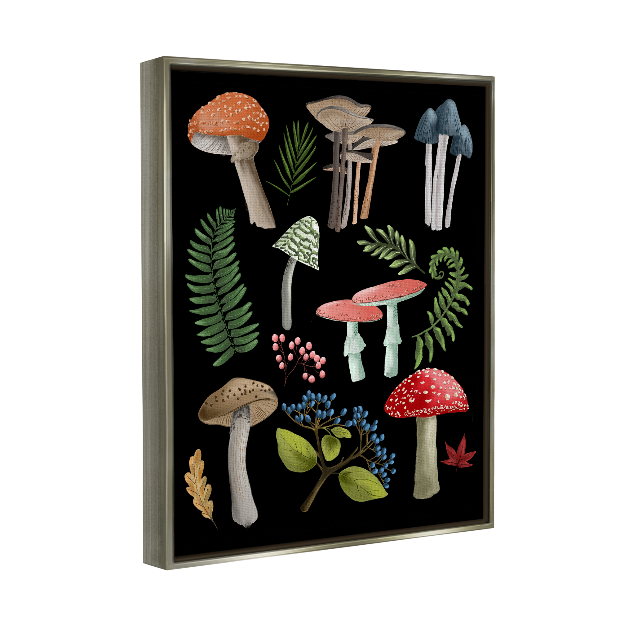 Stupell Industries Woodland Botanicals on Black Botanical & Floral Painting Gray Floater Framed Canvas Art Print Wall Art, 17 x 21