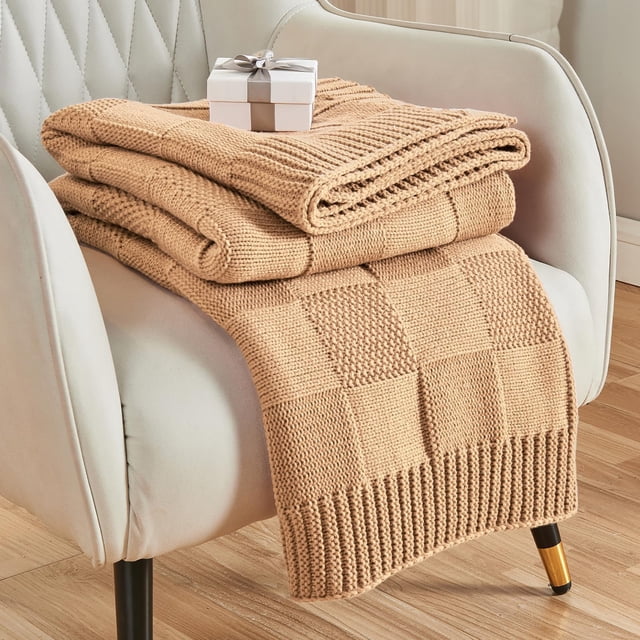Manta de punto a cuadros Blanket Cozecube, color beige, 152 x 203 cm