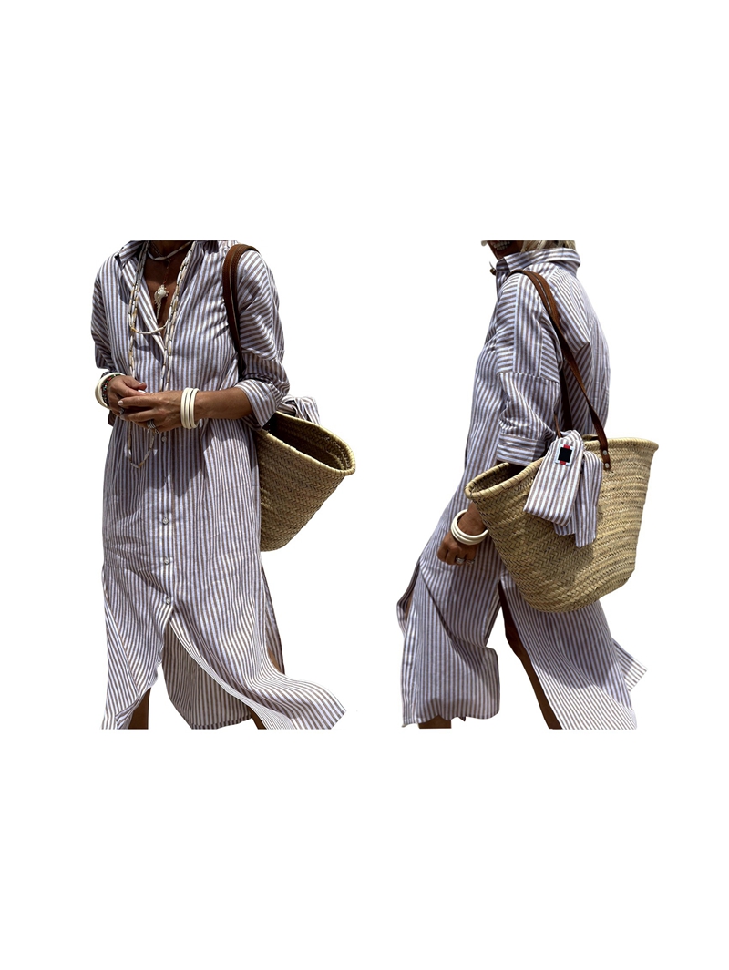 Women'S Shirt Dress Casual Lapel 3/4 Sleeve Button-Down Collar Slit Tie Resort Maxi Dress Brown S