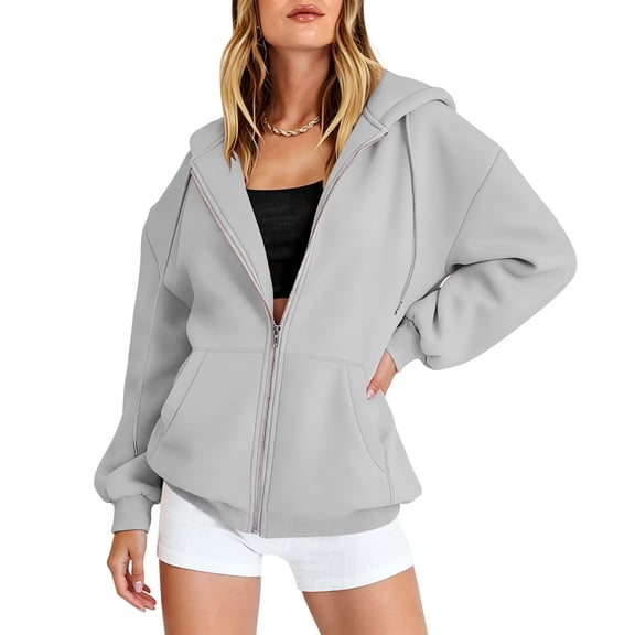 Zip Up Hoodie Women Y2K Casual Long Sleeve Oversized Hooded Sweatshirts Fall Winter Comfy Jackets with Pockets Light Gray L