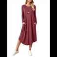 thumbnail image 1 of Vestido Informal Holgado de Cuello Redondo y Larga para Mujer, con Bolsillos Inclinados y Dobladillo Curvo. Vino Tinto S, 1 of 9