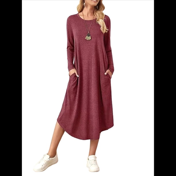 Vestido Informal Holgado de Cuello Redondo y Larga para Mujer, con Bolsillos Inclinados y Dobladillo Curvo. Vino Tinto XL