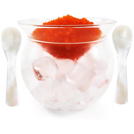 Glass Caviar Serving Set with 2 Pcs Mother of Pearl Spoons, Caviar Dish Chiller Server Set with Ice Holder for Shrimp, Ice Cream, Sauces, and Appetizers, Dishwasher Safe