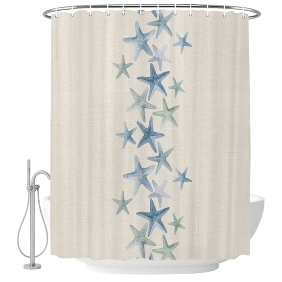 Ocean Coastal Fabric Shower Curtain Minimalist Blue Green Starfish Linen Texture Washable Shower Curtains for Bathroom, Waterproof Bath Curtain with Hooks Home Decor 72x84in
