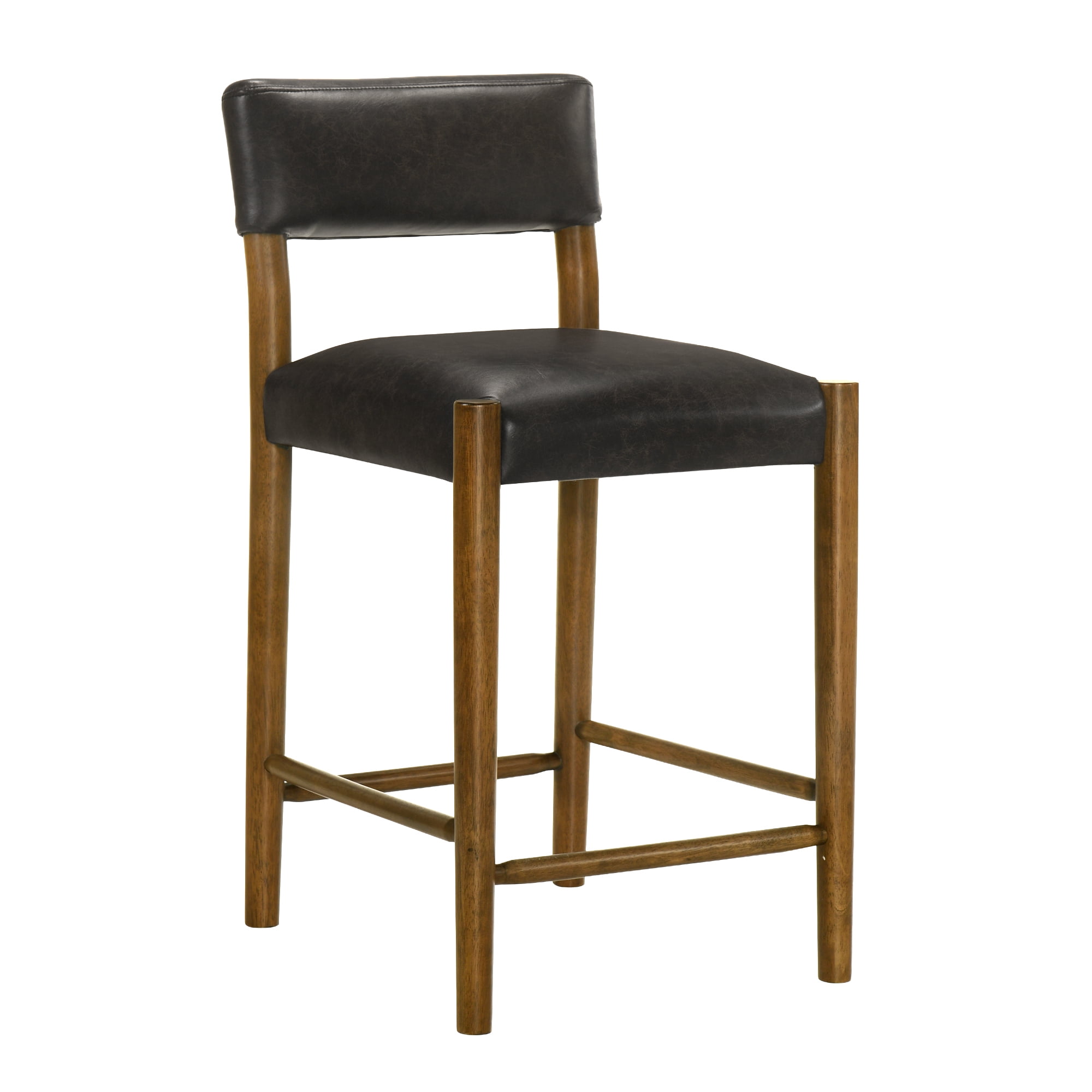 Bennet Modern Wood Counter Height Kitchen Bar Stool in Natural Finish with Black Faux Leather Upholstered Seat - Set of 6