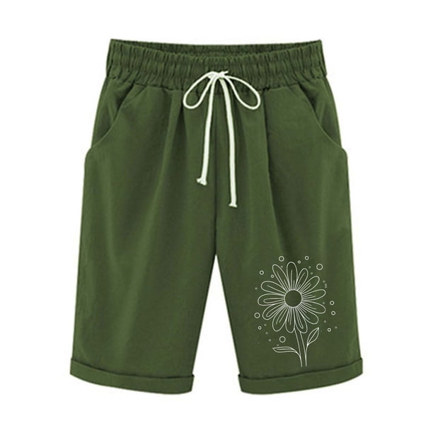 Pantalones Cortos de Verano para las Mujeres de Cintura Alta Estampado Elástico Cordón de Cintura, Casual Bolsillos Pantalones de Pijama