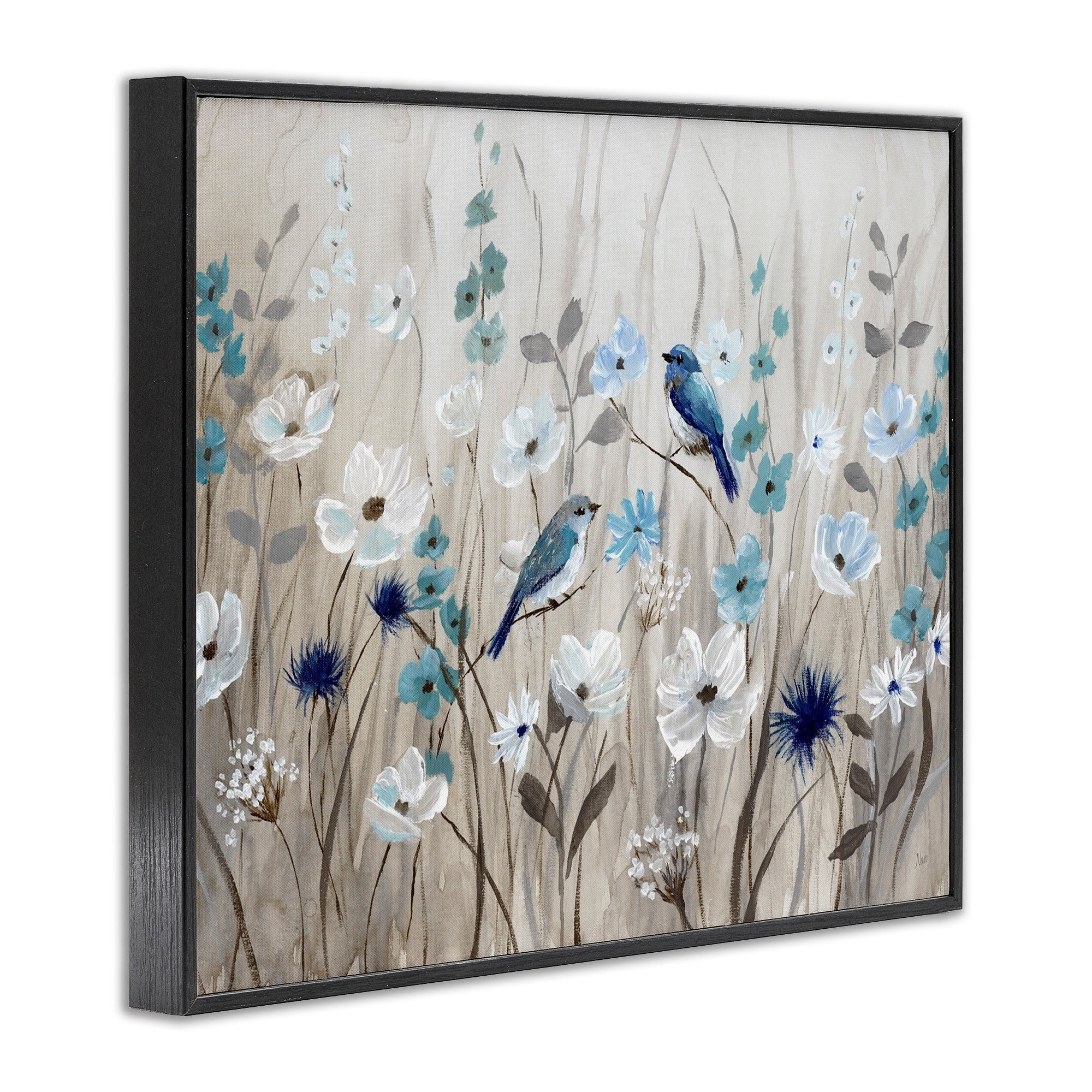 Stupell Industries Birds Floral Meadow Blue White Blossoms , 20 x 16, Design by Nan
