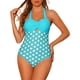 thumbnail image 1 of Monokini de lunares con cuello halter para mujer, traje de baño de una pieza con control de abdomen y corte, color cian, talla X-Small, 1 of 5