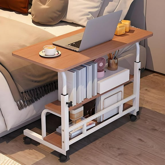 Portable Desk with Wheels Small Standing Desk on Wheels Adjustable Height Rolling Desks for Small Spaces, 24" Computer Desks with Storage Shelves for Home Office Study Walnut Brown