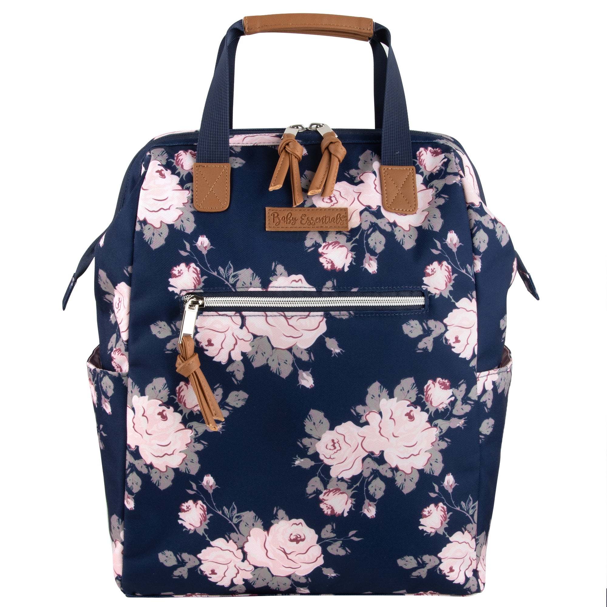 Baby Essentials Super Cooler Main Frame Dual Zipper Closure Diaper Bag Backpack Tote with Matching 6-Ply Changing Pad, Insulated Bottle Pocket and Stroller Straps in Navy Blue Floral