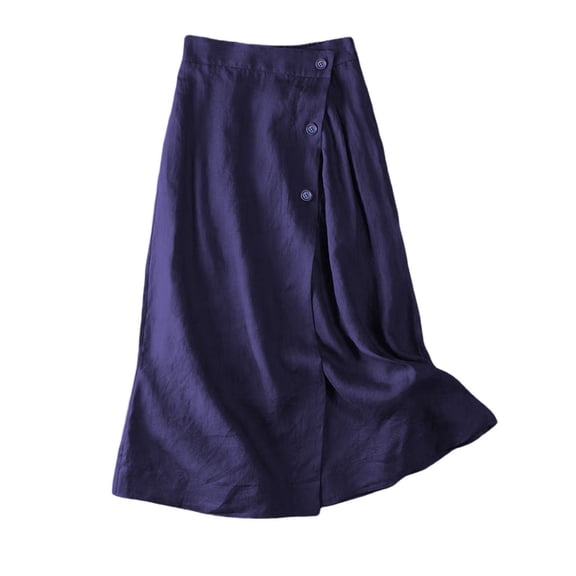 Women's Summer Linen Button Front Elastic High Waist Swing A Line Midi Skirt Navy 2XL