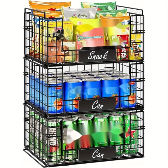 [Stackable Wire Baskets] 3 Pack XXL Stackable Wire Baskets with Handles | Metal Storage Bins for Pantry Organization, Fruit and Vegetable Basket with Name Plates - Snack Can Fruit Veggies