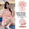 thumbnail image 3 of Ropa de dormir de verano para mujer, conjunto de ropa para el hogar con estampado de dibujos animados de manga corta y almohadilla en el pecho integrada, cárdigan, pantalones cortos integrados, 3 of 5