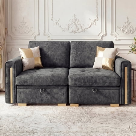 Advwin 70" 2-Seater Oversized Modular Sectional Sofa with Storage Under Each Seat & Gold Metal Accents, Modern Luxury Chenille Loveseat Cloud Couch for Living Room, Dark Gray