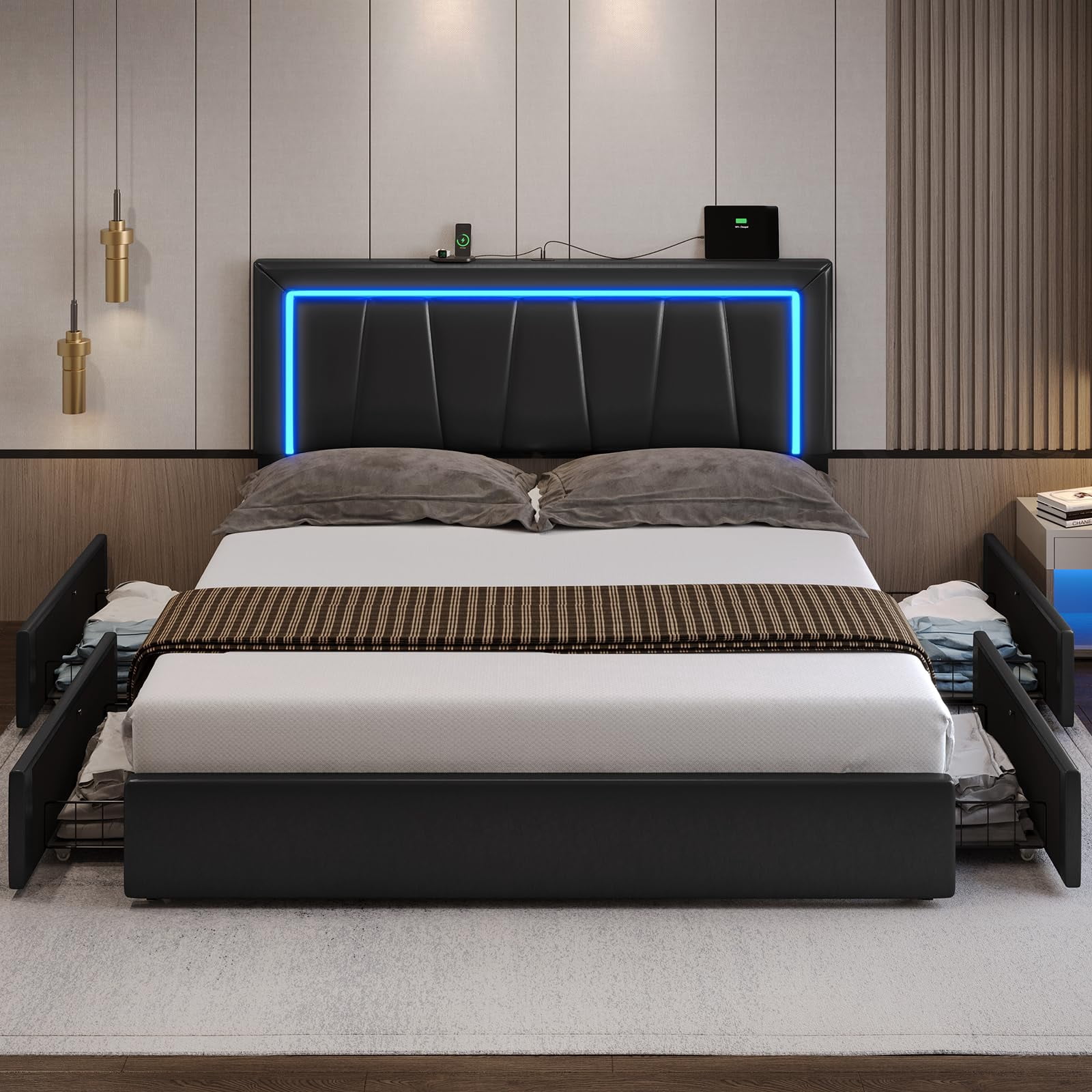 California King Bed Frame with 4 Storage Drawers & USB Ports & LED Headboard, Faux Leather Upholstered Platform Bed Frame with 3 Side Light Strip, No Spring Needed, Black