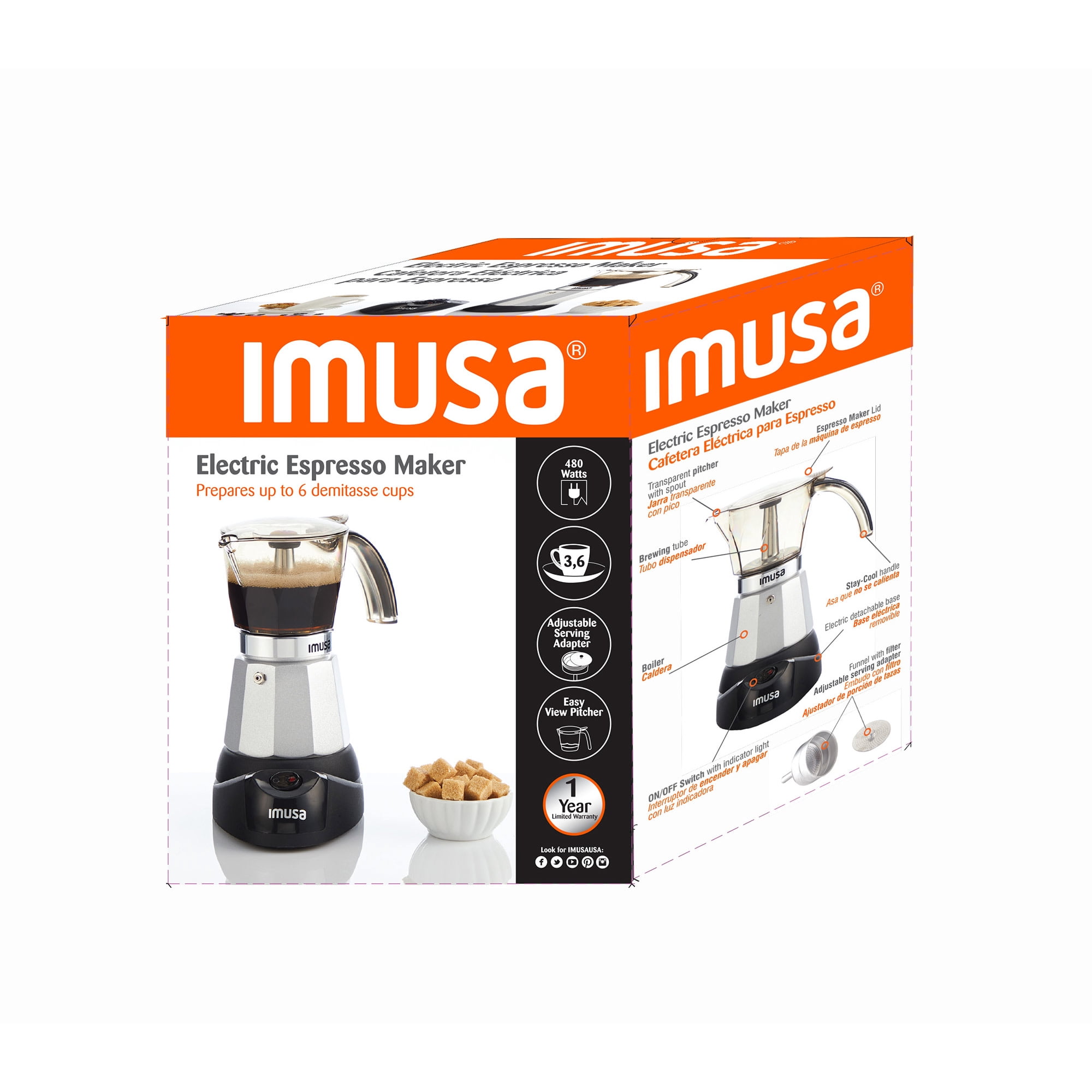 IMUSA 6 or 3cup Electric Espresso Maker, Silver