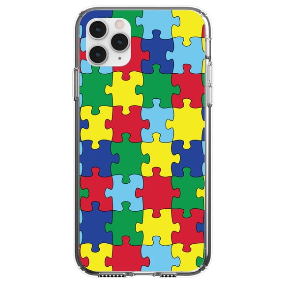 DistinctInk Clear Shockproof Hybrid Case for iPhone 12 MINI (5.4" Screen) - TPU Bumper, Acrylic Back, Tempered Glass Screen Protector - Primary Color Puzzle Pieces Autism - Austism Awareness