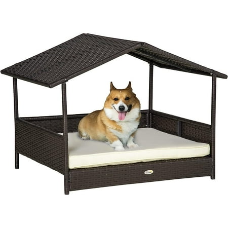 

CYQUIO Wicker Dog House Elevated Raised Rattan Bed for Indoor/Outdoor with Removable Cushion Lounge Cream