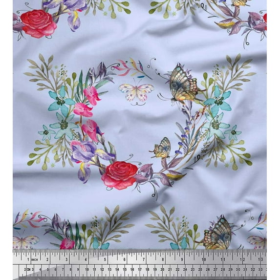 Soimoi Blue Modal Satin Fabric Insect,Rose & Wreath Flower Print Sewing Fabric BTY 42 Inch Wide