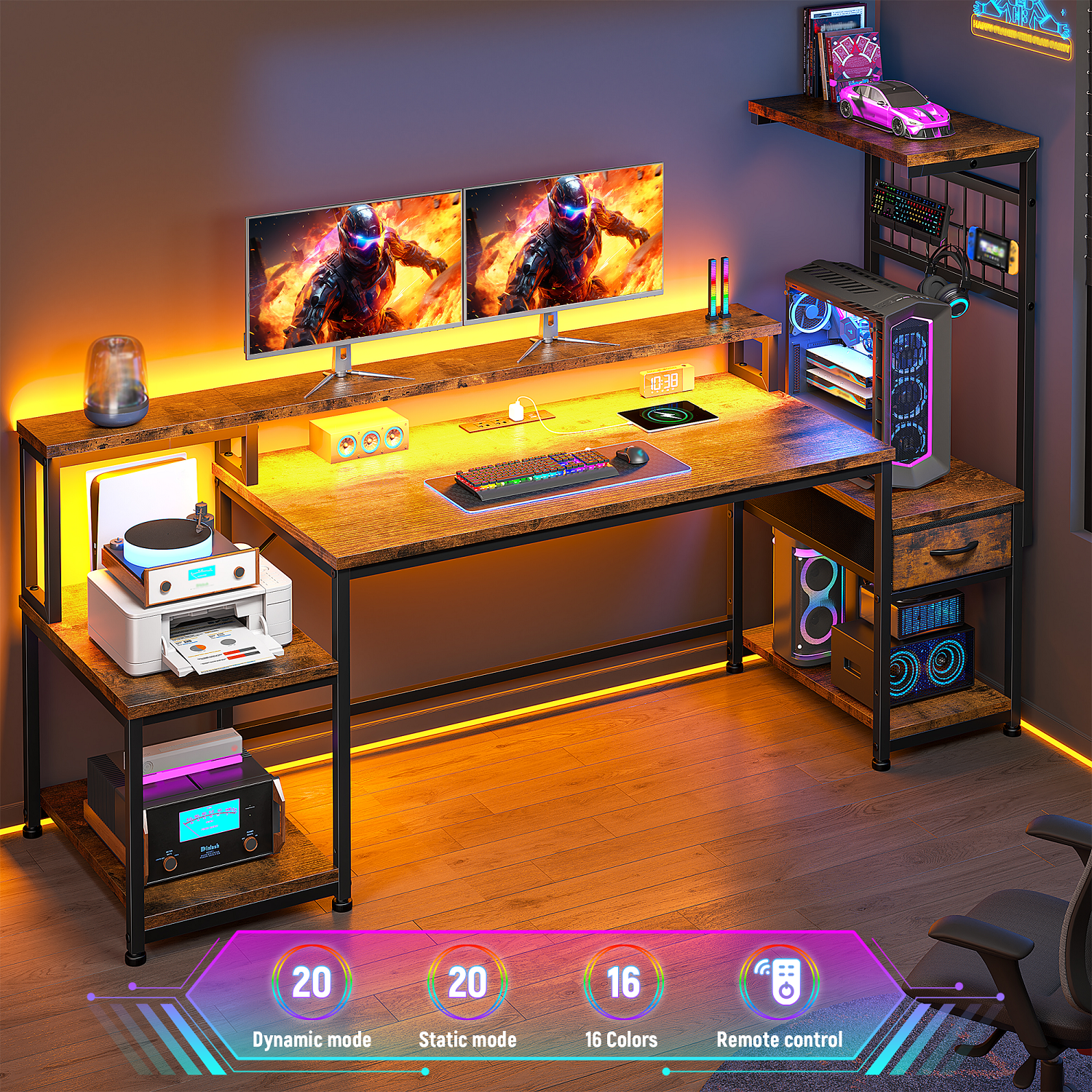 Romorgniz 63"W Gaming Desk Computer Desk with Hutch Corner Desk with LED Lights， Outlets & Monitor Stand for Gaming,Studying,Home Office Desks,Rustic Brown