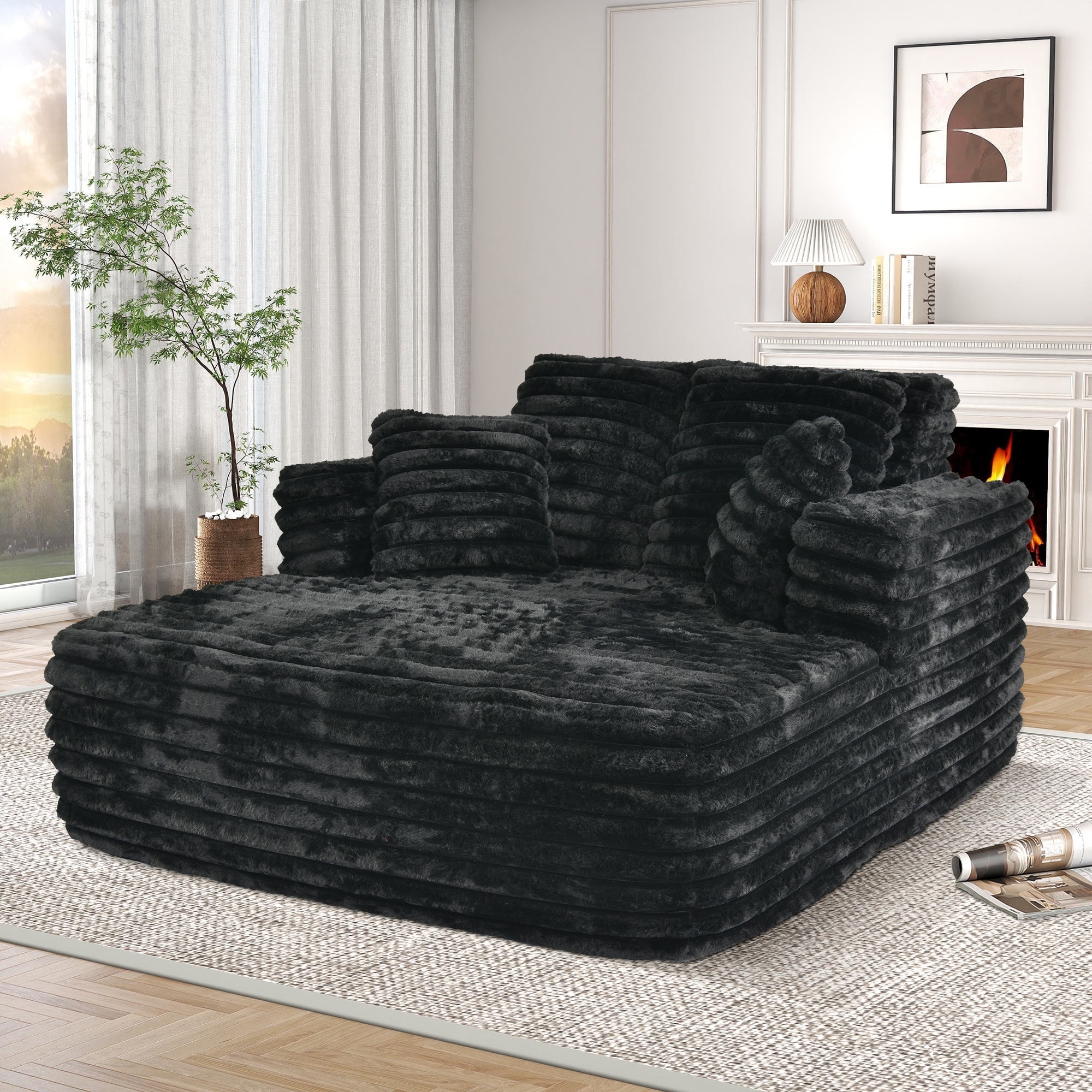 Muumblus Oversized Chaise Lounge Chair Indoor Furniture, No Assembly Required, Plush Corduroy Upholstered Sofa Bed Cozy Sleeper Couch for Living Room, Bedroom, Black