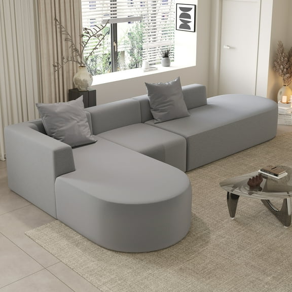 L-Shaped Modular Sectional Sofa: 110" Grey Corduroy Boneless Couch, Deep Seat & Movable Ottoman, Comfy Cloud Sofa for Living Room, No Assembly Required, 5-Seater