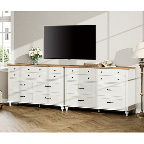 Set of 2 Dressers with 16 Drawers, Large Dresser TV Stand for Living Room Kids Room, White