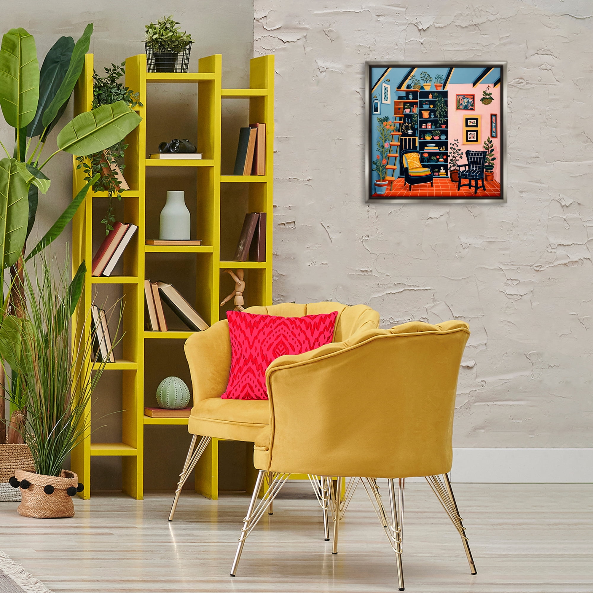 Stupell Industries Bookshelf Scene & Plants Furniture Painting Gray Floater Framed Canvas Art Print Wall Art, 18 x 18