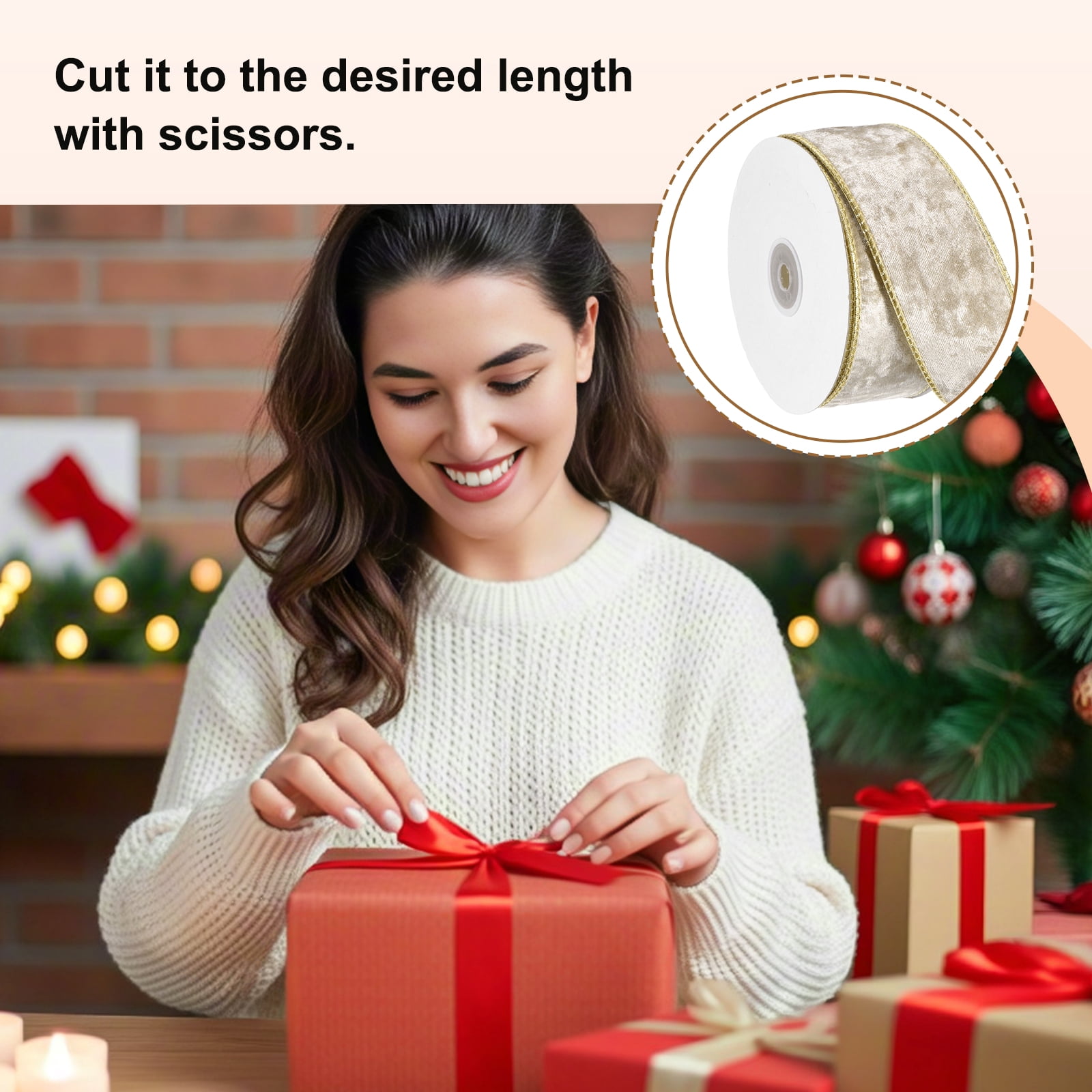 Uxcell Velvet Wired Ribbon, (1.6 Inch x 10 Yards, 2 Pcs)(Champagne) Velvety Gold Crushed Ribbons Gift Wrapping Binding, Suit For- Crafts/Bow/Wreaths/Christmas Tree Decoration