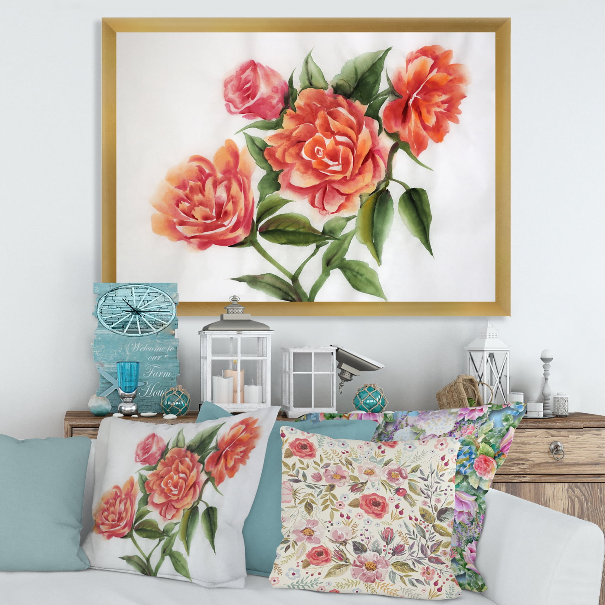 Designart 'Orange VIntage Roses With Green Leaves' Traditional Framed Art Print