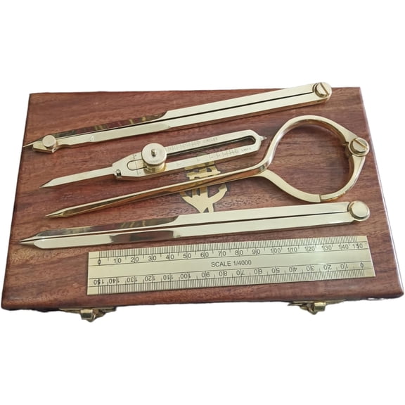 Proportional Divider Set of 5, Full Brass dividers with Executive Handmade Leather Roll Tools Bag, Single Handed 8" Brass Navigation Dividers Compass Set for Maritime, Naval, Geometry and Drafting.