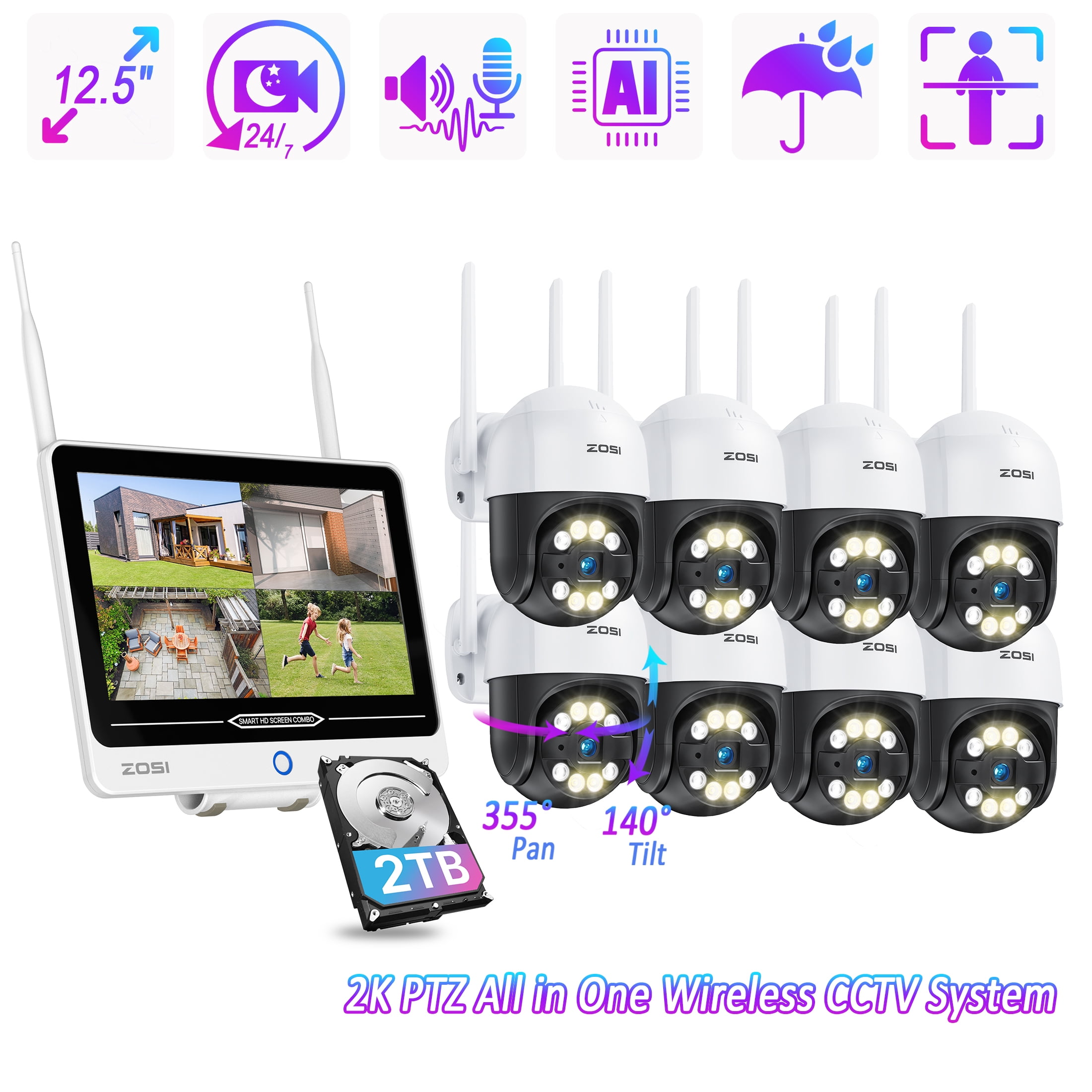 WiFi Security Camera System with 12.5" LCD Monitor, ZOSI 3MP 8CH WiFi Security Camera System 2TB Hard Drive, 8pcs 360View PTZ WiFi Outdoor Camera with Two-Way Audio, AI Human Detection