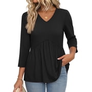 MOSHU V Neck Womens Tops 3/4 Length Sleeve Tops for Women Babydoll Tunic Dressy Casual Womens Blouses