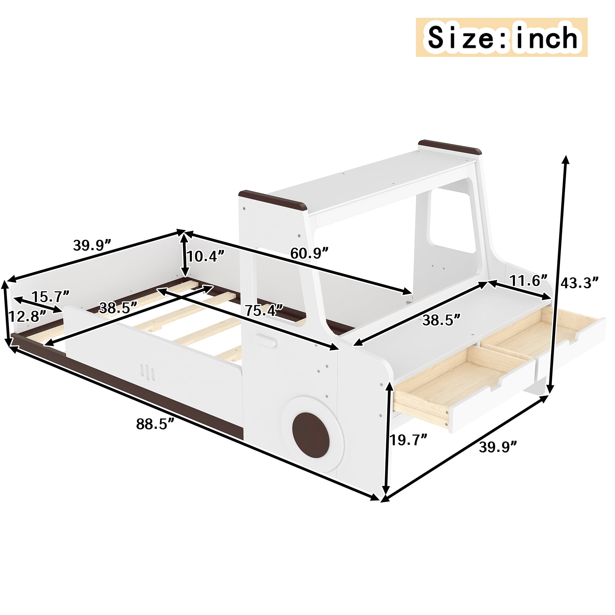 Kids Floor Bed, Twin Size Car-Shaped Floor Bed with Built-in Storage Drawers and Study Desk, Playful Design for Kids Room, White Finish