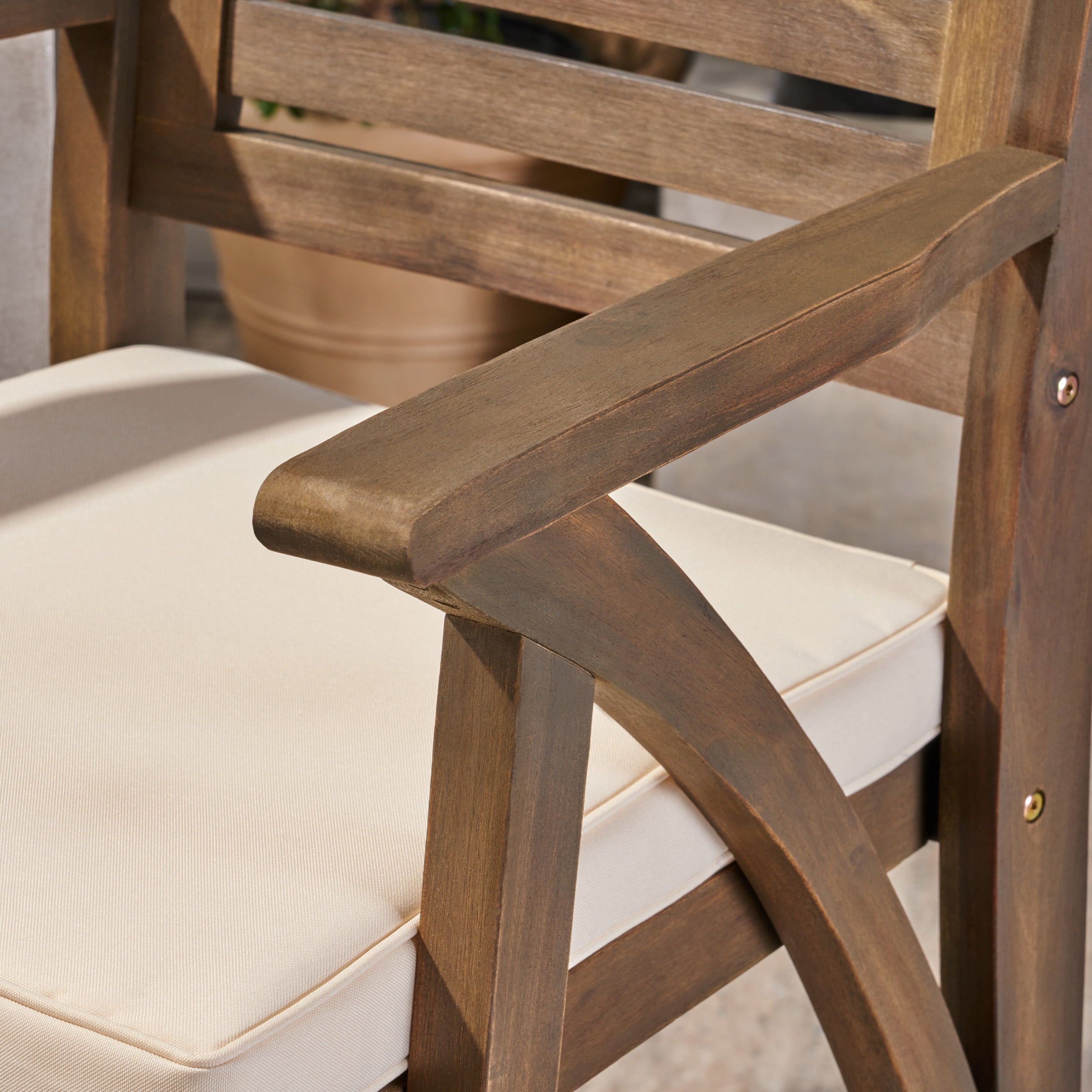 Outdoor Acacia Wood Barstool with Cushion,Cream,Grey