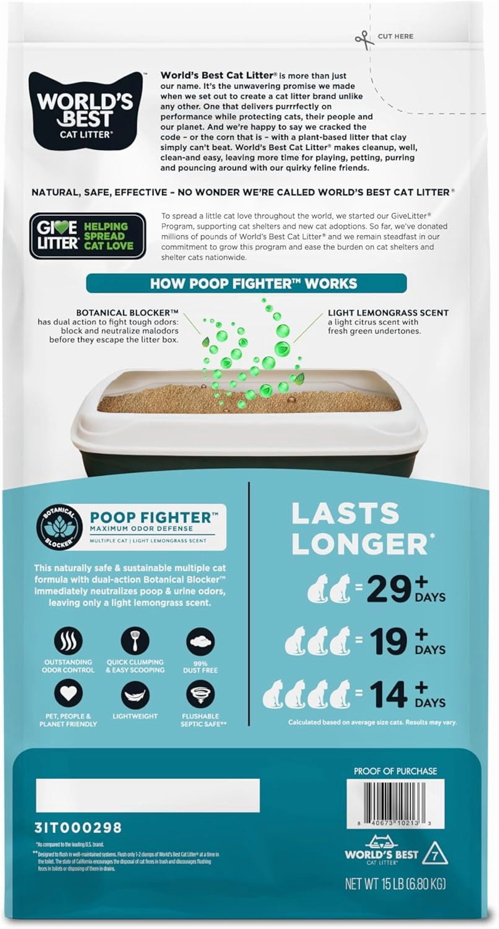 WORLD'S BEST CAT LITTER Poop Fighter Maximum Odor Defense - Long-Lasting Odor Control, Natural Ingredients, Quick Clumping, Flushable, 99% Dust Free, Easy Scooping - 15lb Bag