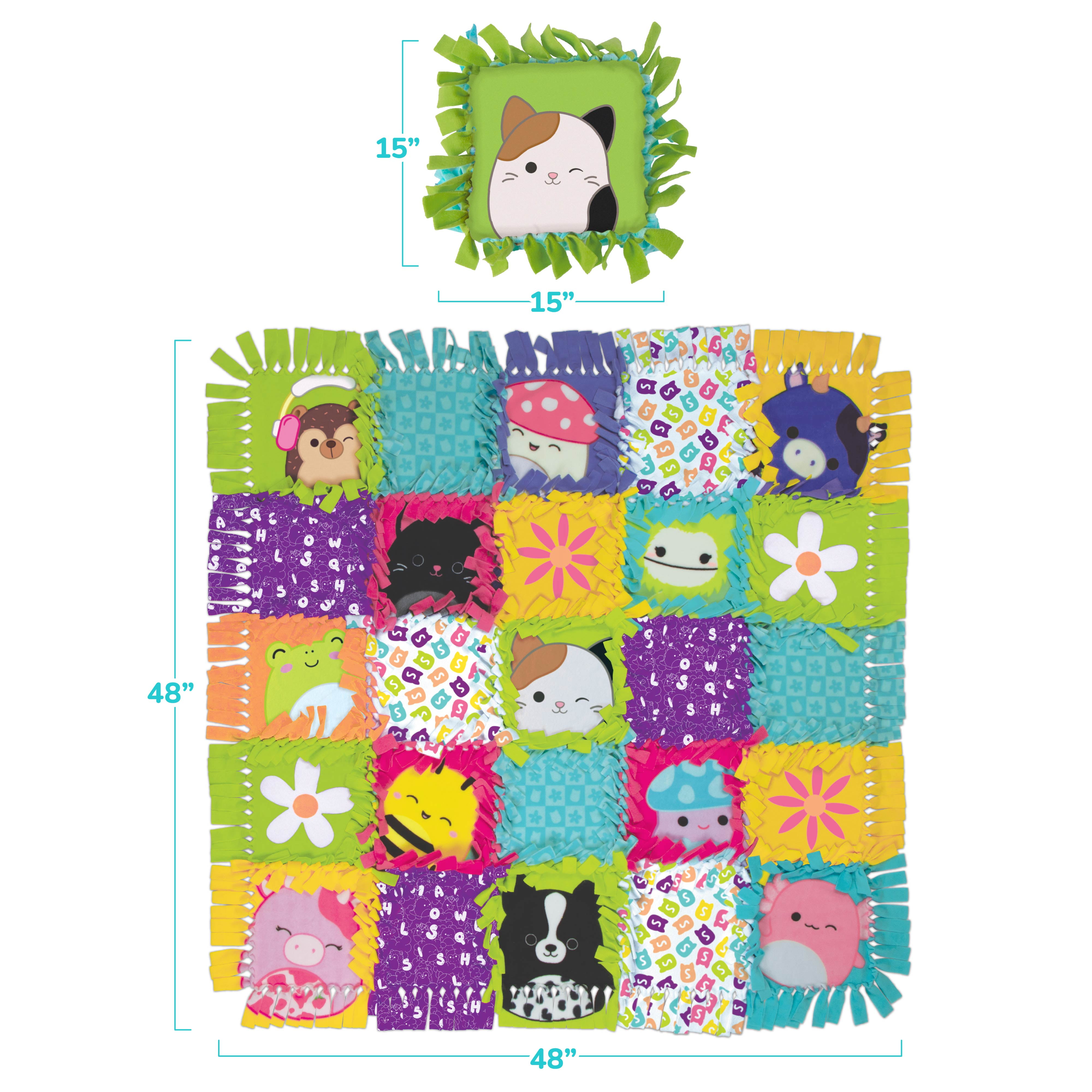 Squishmallows Pattern No-Sew Blanket & Pillow Tween DIY Craft Kit, Multicolor