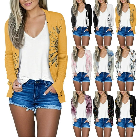 GXIPO Women's Classic Open Front Casual Lightweight Cardigan Sweaters Long Sleeve Knit Cardigan Sunflower Black S