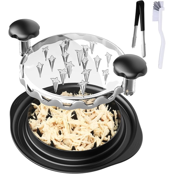 Trituradora de pollo, trituradora de pechuga de pollo grande, herramienta giratoria con cepillo de limpieza y pinzas, cubierta transparente, base antideslizante, mango ergonómico, apto para