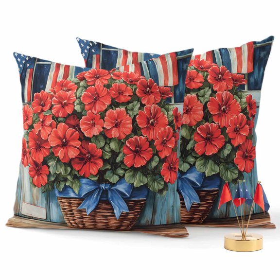 2 Pack Outdoor Waterproof Throw Pillows,Red Begonia Flower Retro Wood Decorative Square Pillow Case Patio Pillows for Chair Couch Sofa 16x16in