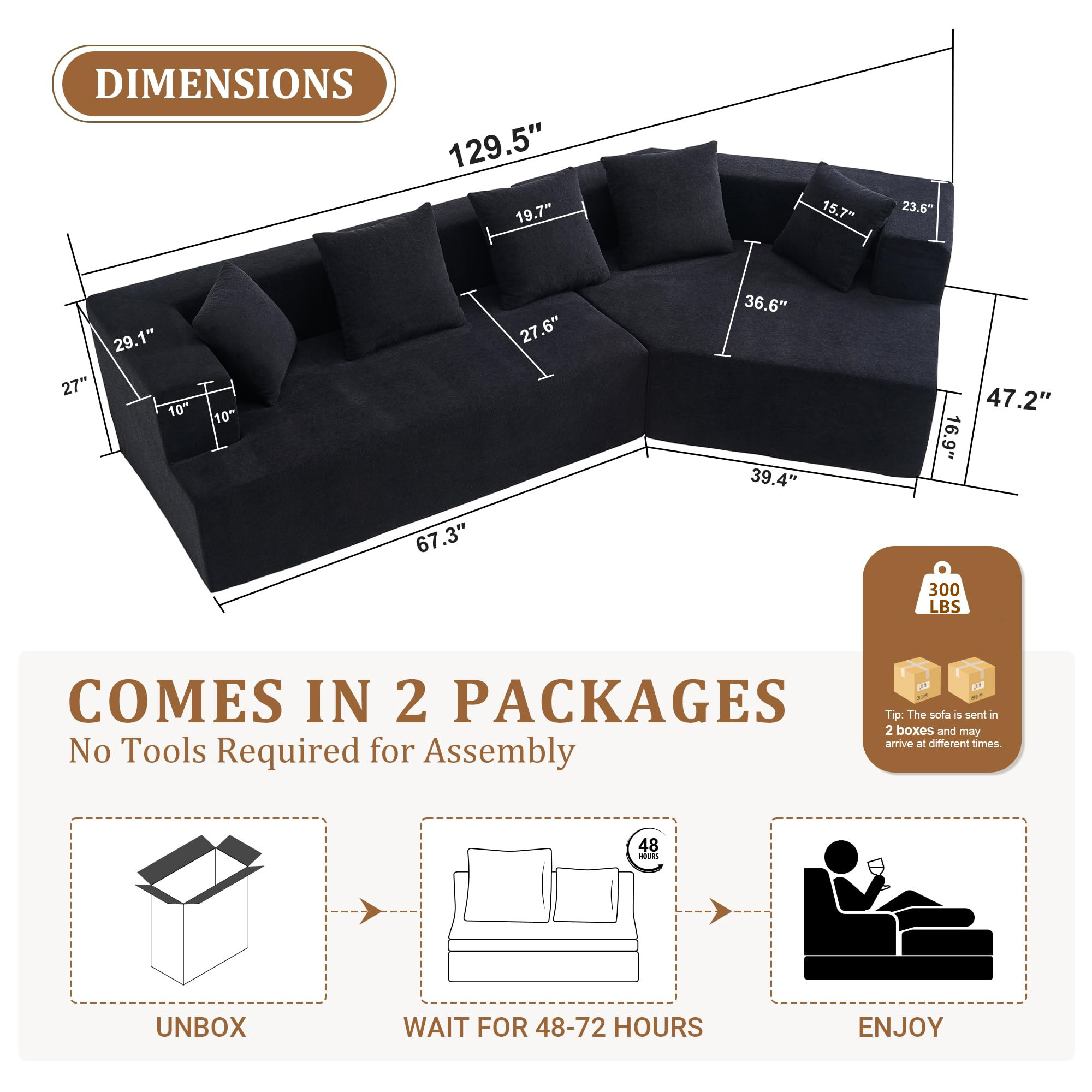 Aukfa 130" Oversized Modular Sectional Sofa Boneless Sofa with Chiase, 5 Pillows, Chenille, Black