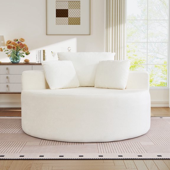 Muumblus Oversized Round Lounge Chaise Chair Indoor,Corduroy Boneless Cloud Couch with 3 Pillows, No Assembly Required, Modern Accent Chair for Living Room, Gray