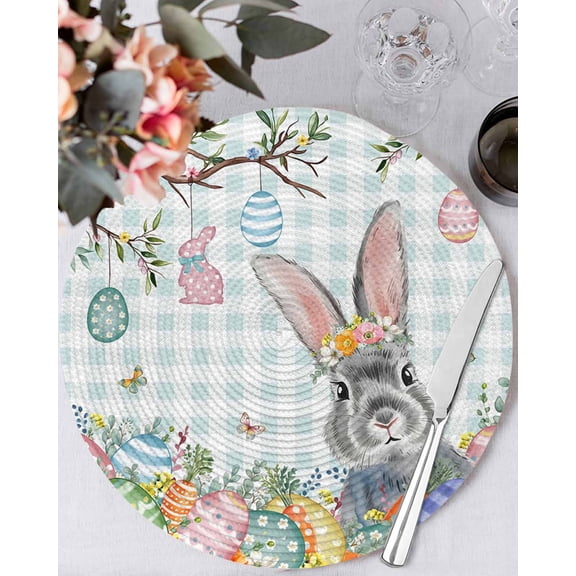 13 Inch Round Placemats Set of 4, Easter Non Slip Heat Insulation PP Table Mats, Spring Rabbit Colorful Eggs Tree Blue White Plaid Washable Place Mats for Kitchen Dining Party Table Decor