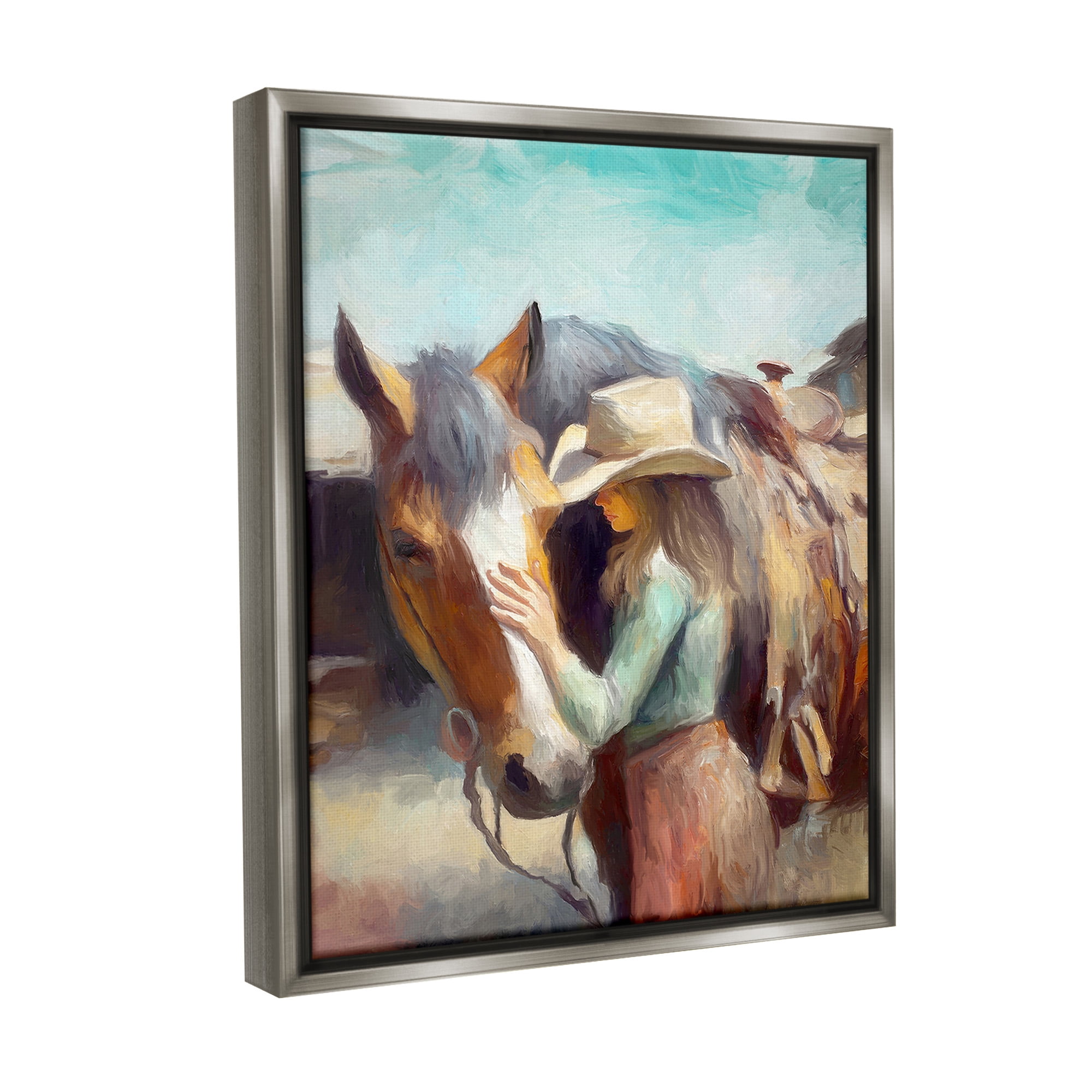 Stupell Industries Cowgirl Petting Horse Animals & Insects Painting Gray Floater Framed Canvas Art Print Wall Art, 17 x 21