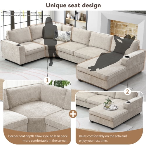 117.5" U-Shaped Chenille Sectional Sofa, 6-Seat Corner Couch Set with Cup Holders & Oversized Chaise Lounge, Irregular Corner Design for Living Room & Apartment, Beige