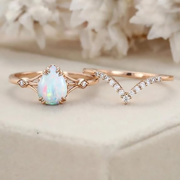 Divine_creation 2.10 Ct Pear Cut Fire Opal Womens Wedding Bridal Ring Set 14K Rose Gold Plated 925 Sterling Silver -5.5