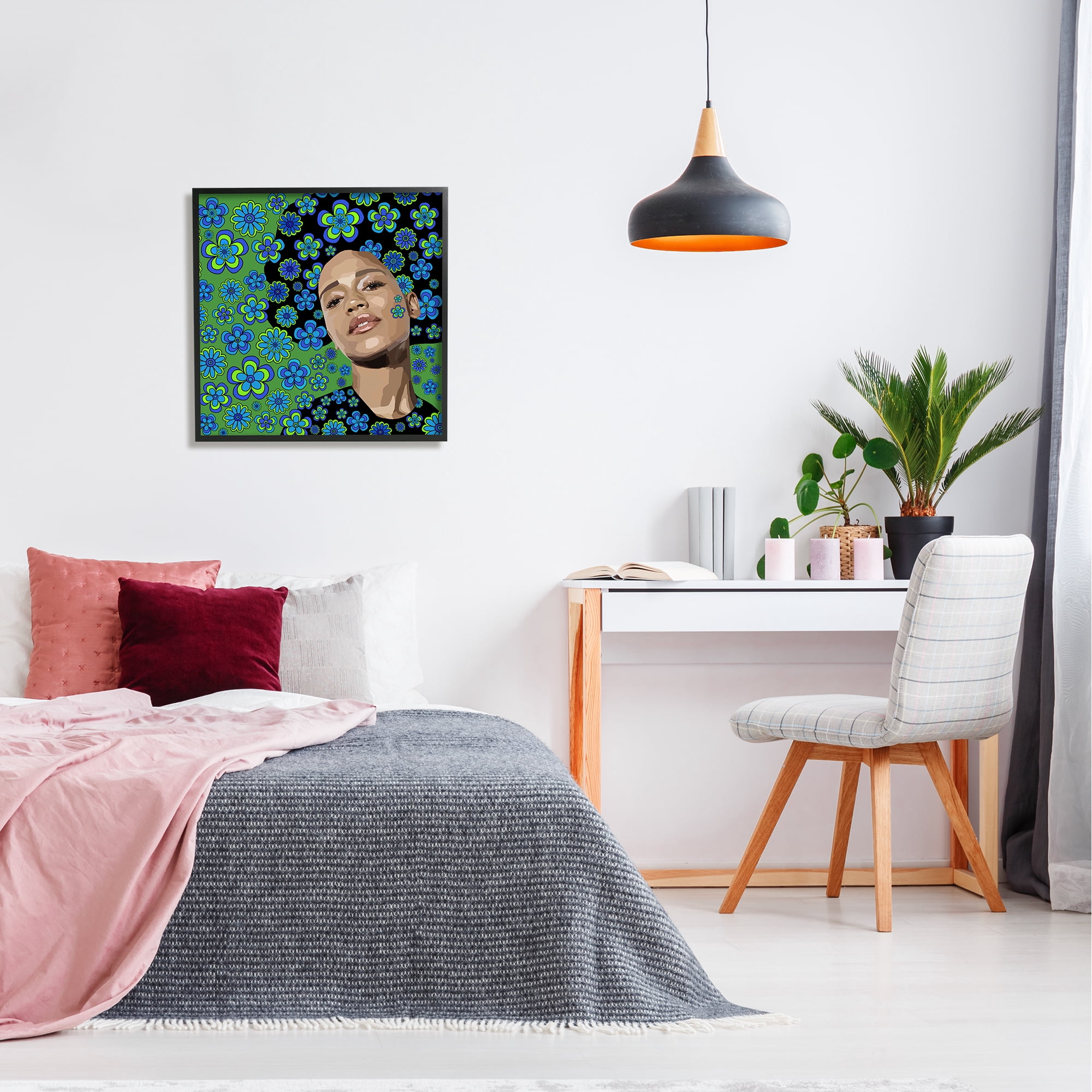 Stupell Industries Flower Girl Retro Blue & Green Botanical & Floral Painting Black Framed Art Print Wall Art