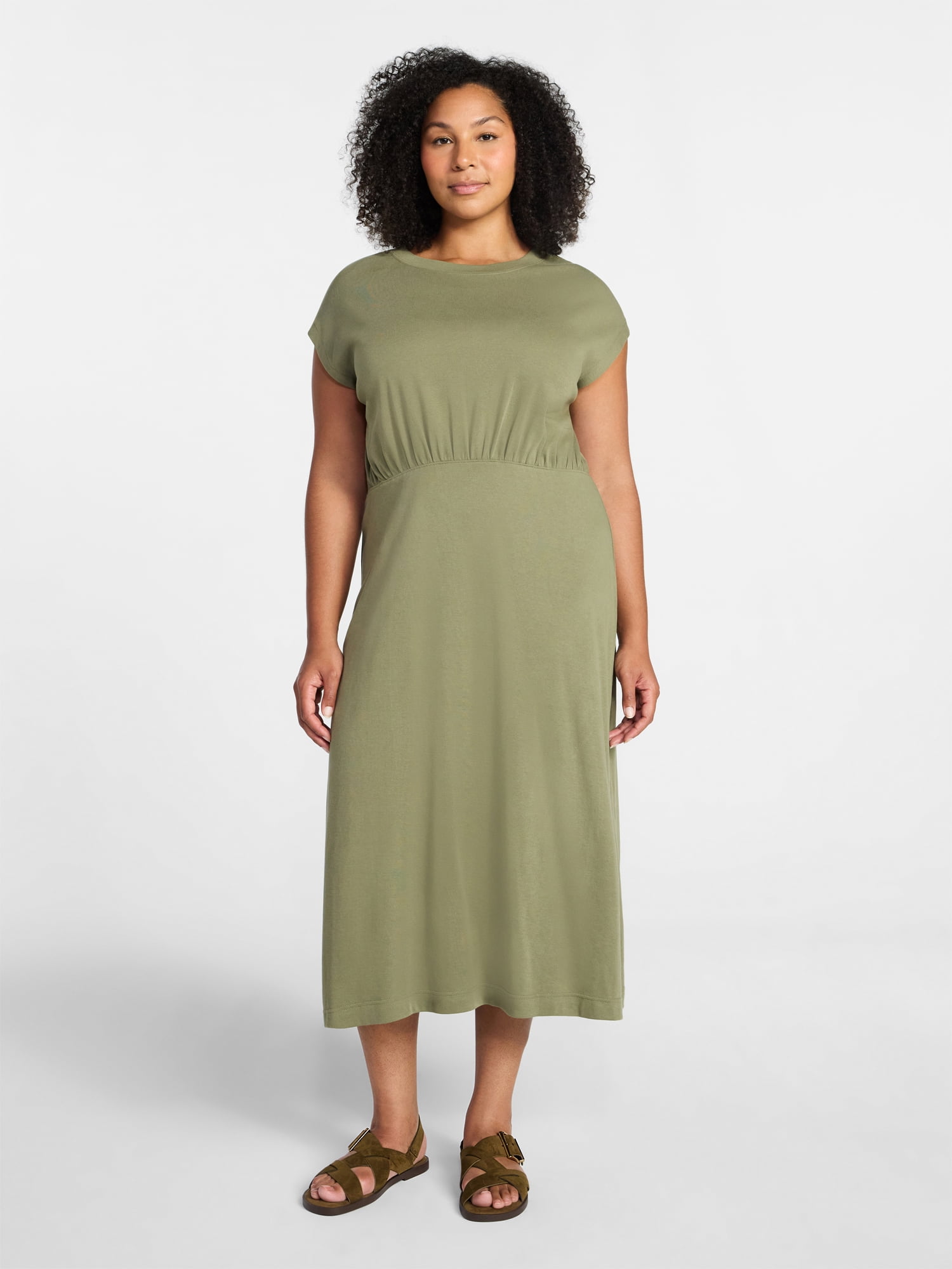 Time and Tru Women’s Cotton Knit Midi Dress with Dolman Sleeves, Sizes XS-XXXL