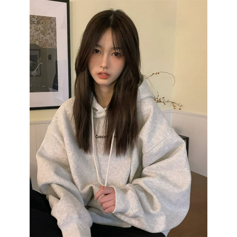 DanceeMangoo Fashion Dark Grey Hoodie Fleece Thicken Sweatshirt Long Sleeve  Korean Letter Printing Baggy Female Tops Pullover Hoodie Autumn